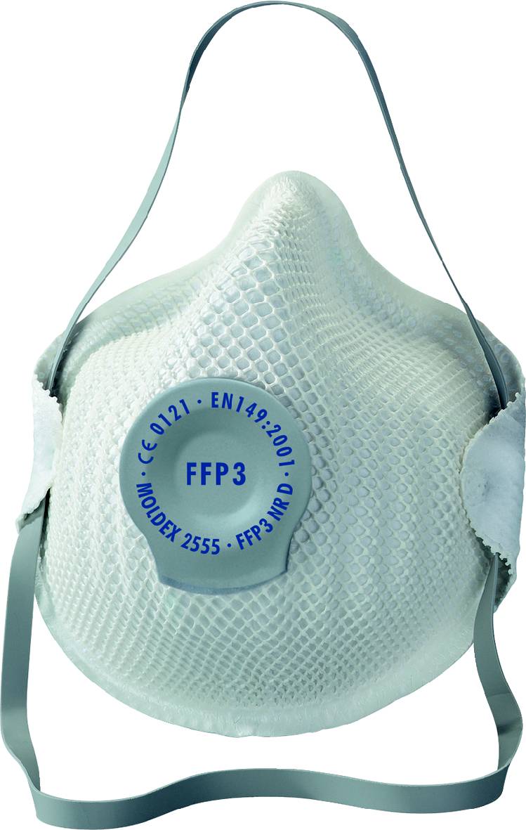 FFP3-Filtermaske mit Kopfbändern und rundem Ausatemventil, Frontansicht auf weißem Hintergrund.