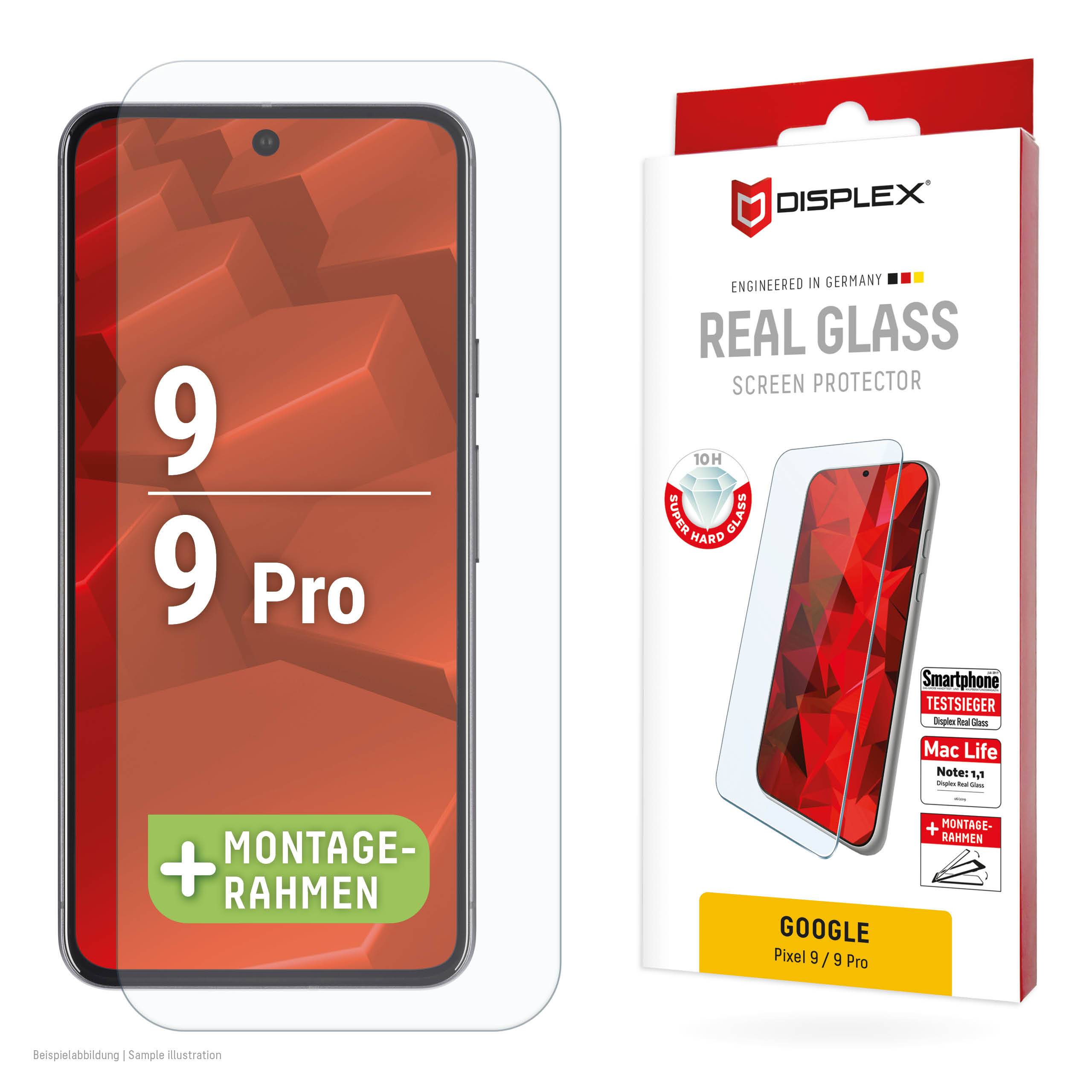 DISPLEX Panzerglas (10H, 2D) für Google Pixel 9, Pixel 9 Pro, Eco-Montagerahmen, kratzer-resistent