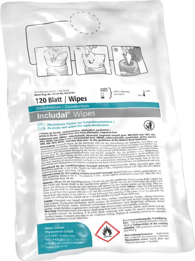Desinfektionstücher INCLUDAL® WIPES 13887-001 Inhalt 120 Blatt Ausführung unparfümiert Gebinde Nachfüller á 120 Tücher