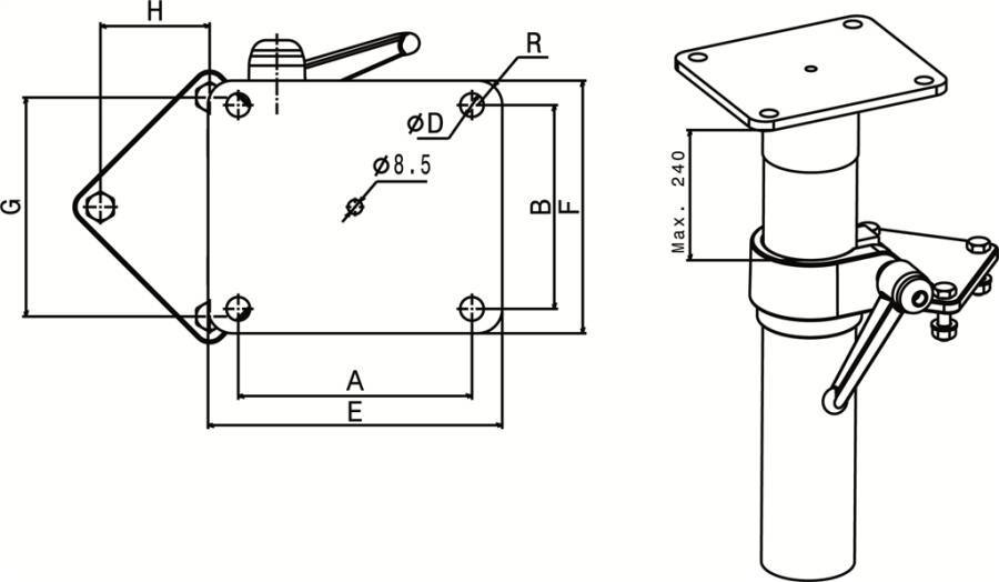 Drehlift mit Gasdruckfeder 66030100140 für Backenbreite 140 mm A 95 mm B 119 mm E 150 mm F 125,0 mm D 11,5 mm R 12,5 mm