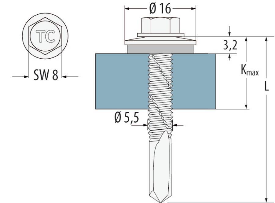 Sechskant-Bohrschraube L / Edelstahl A2 (1.4301) 0281525 SW 8 mm Ø 5,5 mm Länge 100 mm Dichtscheiben-Ø 16 mm Bohrleistun