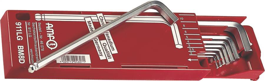 Sechskant-Winkelschraubendrehersatz extra lang, Kugelkopf, Schlüsselbox, 8-tlg. 46078 Größe 2 - 10 mm Schenkellänge 102
