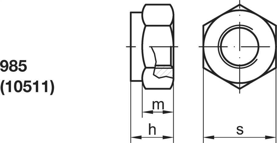 DIN 985 Sechskantmuttern mit Klemmteil - P6 009858100100000-P6 Norm DIN 985 Werkstoff Stahl 8 (≤ M5 = 6-8) Oberfläche g