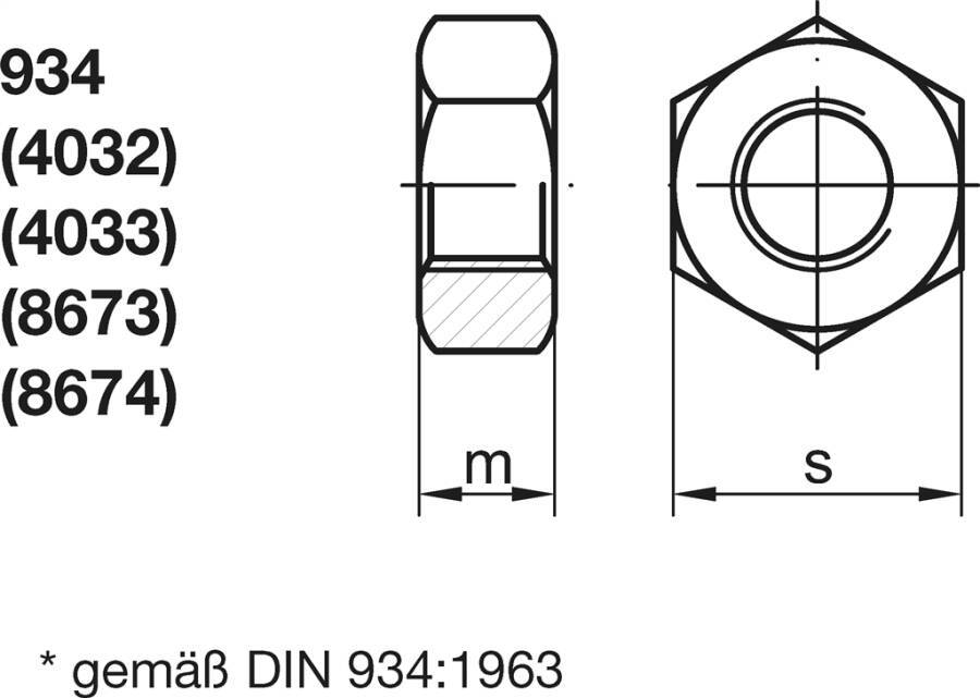 DIN 934 Sechskantmuttern - P6 009348100060000-P6 Norm DIN 934 Werkstoff Stahl 8 (≤ M5 = 6) Oberfläche galvanisch verzink