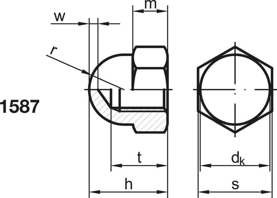 DIN 1587 Sechskant-Hutmuttern - P6 015873100050000-P6 SW 8 Norm DIN 1587 Werkstoff Stahl 6 Oberfläche galvanisch verzink