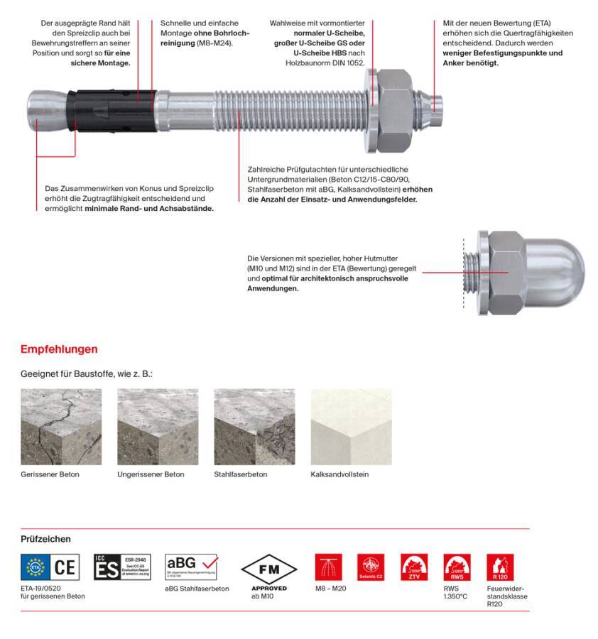 Bolzenanker FAZ II PLUS nicht rostender Stahl R 564627 Typ FAZ II Plus 16/25 R ETA x ICC-Zulassung x Seismic-Zulassung C