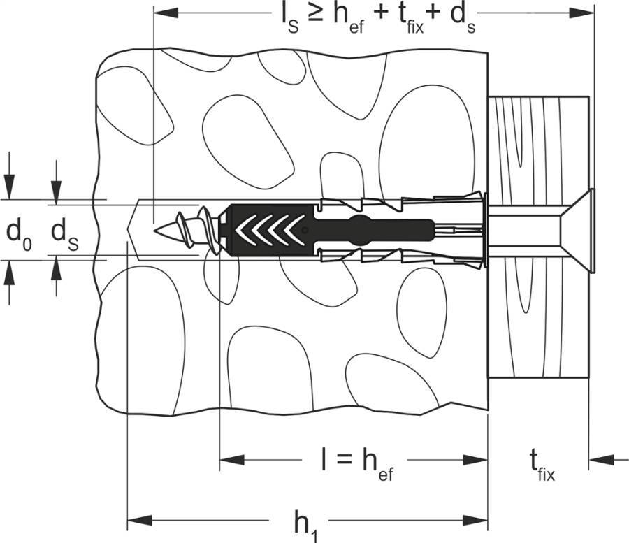 Universaldübel DuoPower mit Rand 535456 Typ DuoPower 10 x 50 Bohrernenn-Ø 10 (d0) mm min. Bohrlochtiefe 70 (h1) mm min.