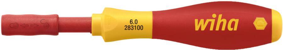 Ein rot-gelber Wiha-Schraubendreher mit rotem Griff und gelbem Schaft, gekennzeichnet mit 6.0 und 283100.