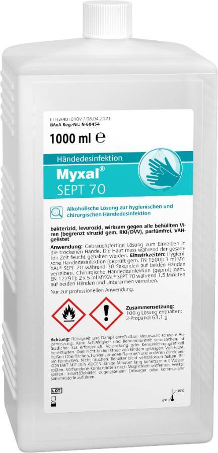 Desinfektion MYXAL® SEPT 70 14021-005 Inhalt 1 l Ausführung unparfümiert Gebinde Hartflasche geeignet für Spender Euroma