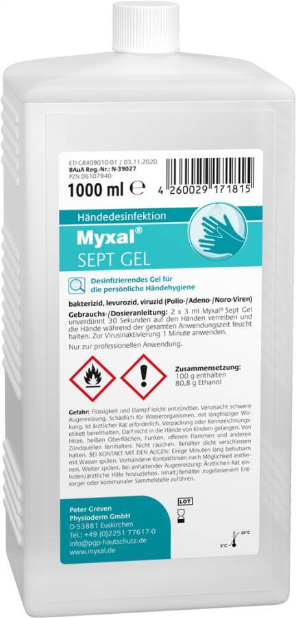 Desinfektionsmittel MYXAL® SEPT Gel 13743-003 Inhalt 1 l Ausführung unparfümiert Gebinde Hartflasche geeignet für Spende
