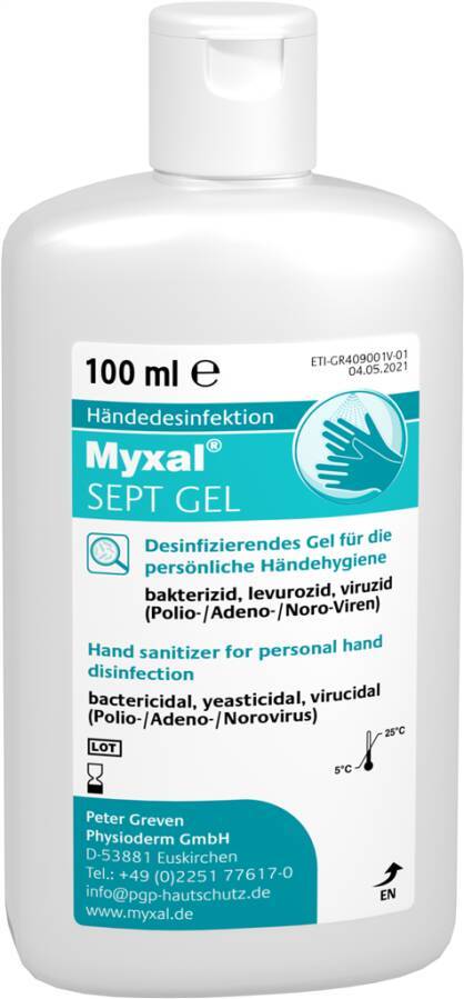 Desinfektionsmittel MYXAL® SEPT Gel 13743-001 Inhalt 100 ml Ausführung unparfümiert Gebinde Flasche geeignet für Spender