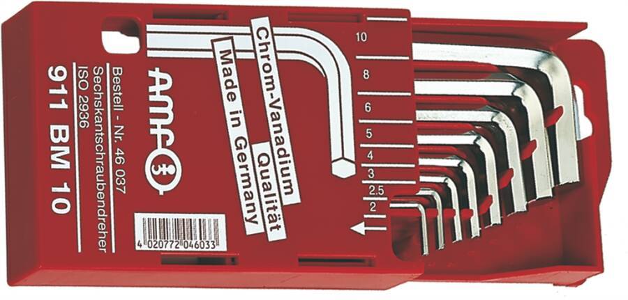 Sechskant-Winkelschraubendrehersatz, Schlüsselbox 46037 Größe 2 - 10 mm Schenkellänge 52 - 122 mm Inhalt 8 tlg. 2 x 52 /