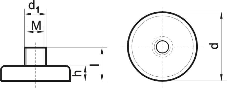 Magnetflachgreifer mit Gewindebuchse 2525032 Haftkraft 80 N Ø (d) 32 mm Ø (d1) 8 mm Gewindebuchse (M) M 4 Magnethöhe (h)