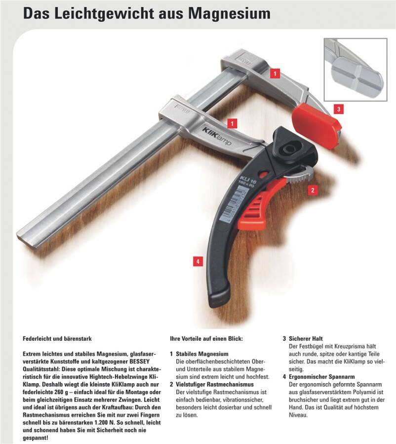 Einhandzwinge KliKlamp KLI KLI12 Spannweite 120 mm Ausladung 80 mm Schiene 20 x 5 mm Gewicht 0,26 kg