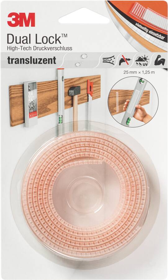 Druckverschluss Dual Lock DLHSE Rollenbreite 25 mm Rollenlänge 1,25 m Dicke 5,7 mm Kleber Acrylat, gute Soforthaftung,