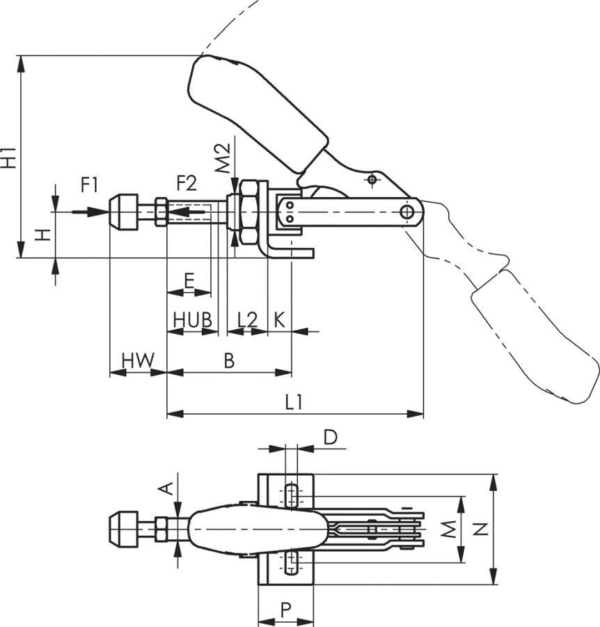 Schubstangenspanner mit kleinem Winkelfuß 94151 Größe 5 Haltekraft (F1) 4,5 kN Haltekraft (F2) 4,5 kN Höhe 129,5 mm Läng