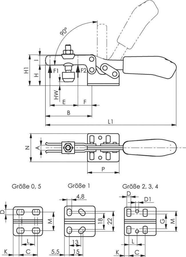 Waagerechtspanner 93005 Größe 0 Haltekraft (F1) 0,25 kN Haltekraft (F2) 0,40 kN Höhe 23 mm Länge 79 mm Andrückschraube M