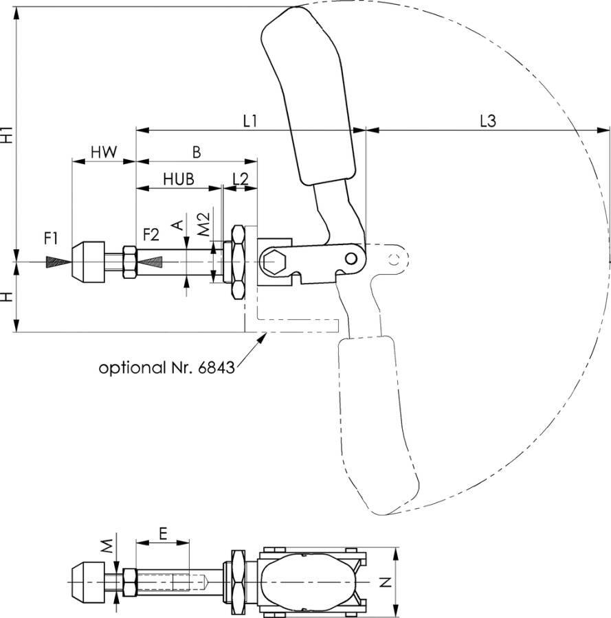 Schubstangenspanner kurze Bauform, ohne Winkelfuß 94300 Größe 2 Haltekraft (F1) 1,0 kN Haltekraft (F2) 1,0 kN Höhe 66,0