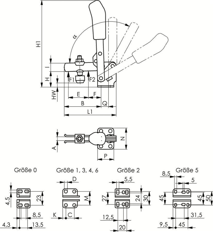 Senkrechtspanner 90068 Größe 6 Haltekraft (F1) 3,4 kN Haltekraft (F2) 5,5 kN Höhe 333 mm Länge 231 mm Andrückschraube M1