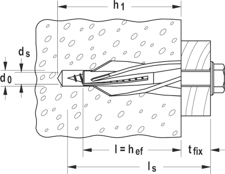 Gasbetondübel GB 50491 Typ GB 8 DIBt - Bohrernenn-Ø 8 (d0) mm min. Bohrlochtiefe 60 (h1) mm Dübellänge = mind. Verankeru