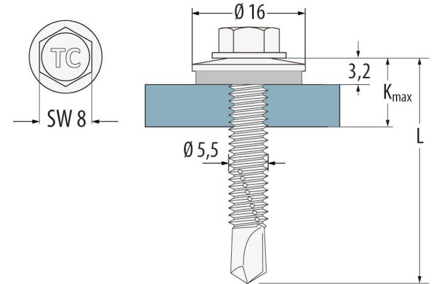 Sechskant-Bohrschraube P / Edelstahl A2 (1.4301) 0281015 SW 8 mm Ø 5,5 mm Länge 38 mm Dichtscheiben-Ø 16 mm Bohrleistung