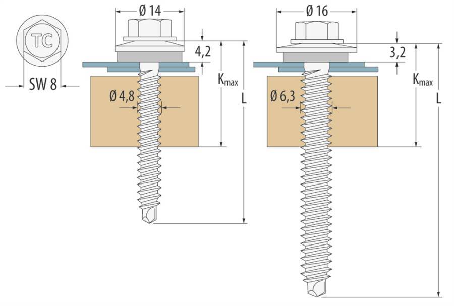 Sechskant-Bohrschraube H / Edelstahl A2 (1.4301) 0282705 SW 8 mm Ø 4,8 mm Länge 35 mm Dichtscheiben-Ø 14 mm Bohrleistung
