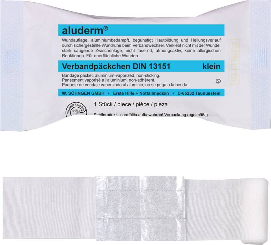 Verbandpäckchen aluderm® DIN 1003371 Ausführung klein Binde ca. 3 m (ged.) x 6 cm Kompresse ca. 6 x 8 cm