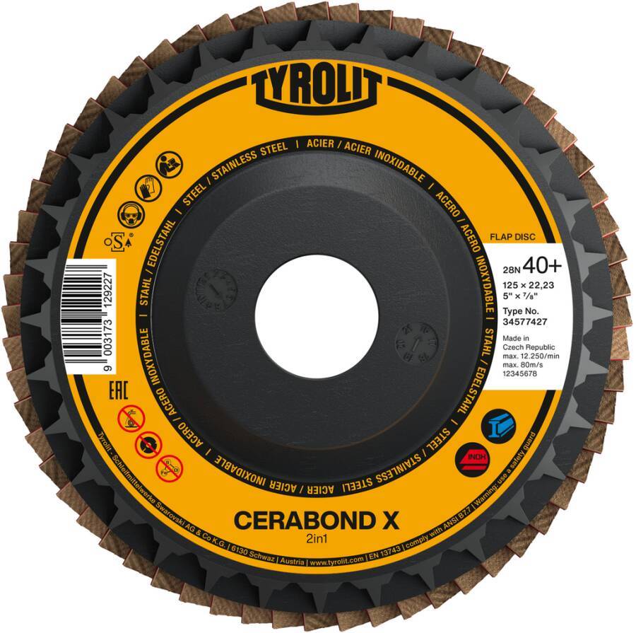 Fächerschleifscheibe Cerabond X gewölbt 34577061 Ø 125 mm Körnung 40 Bohrung 22,23 mm Drehzahl max. 12.250 U/min