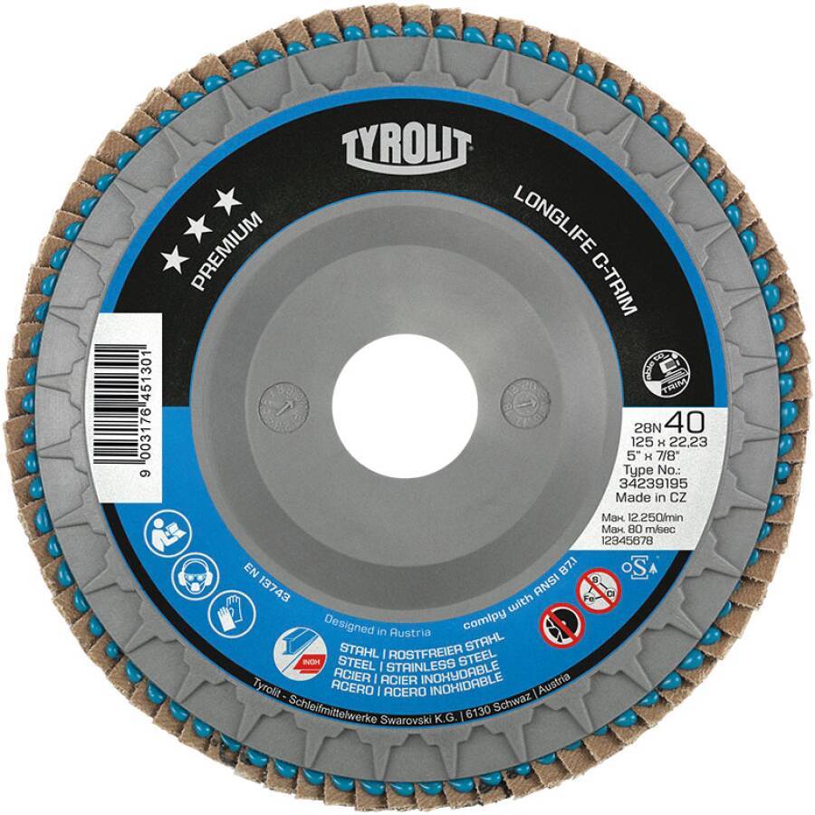 Fächerschleifscheibe Premium - Longlife C-Trim gerade 34239197 Ø 125 mm Körnung 80 Bohrung 22,23 mm Drehzahl max. 12.2