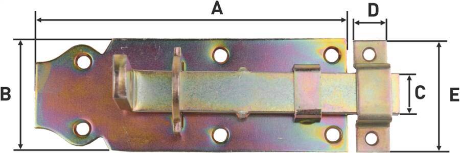Schlossriegel mit flachem Griff 0557515 A 140 mm B 52 mm C 20 mm D 16 mm E 55 mm Ausschub 41 mm Anzahl Löcher 6 / 2 Loch