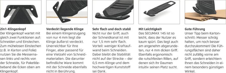 Sicherheitsmesser SECUMAX 145 145001.12 Typ SECUMAX 145 Breite 4 mm Länge 118 mm Höhe 35,4 mm Klingenstärke 0,5 mm Sch