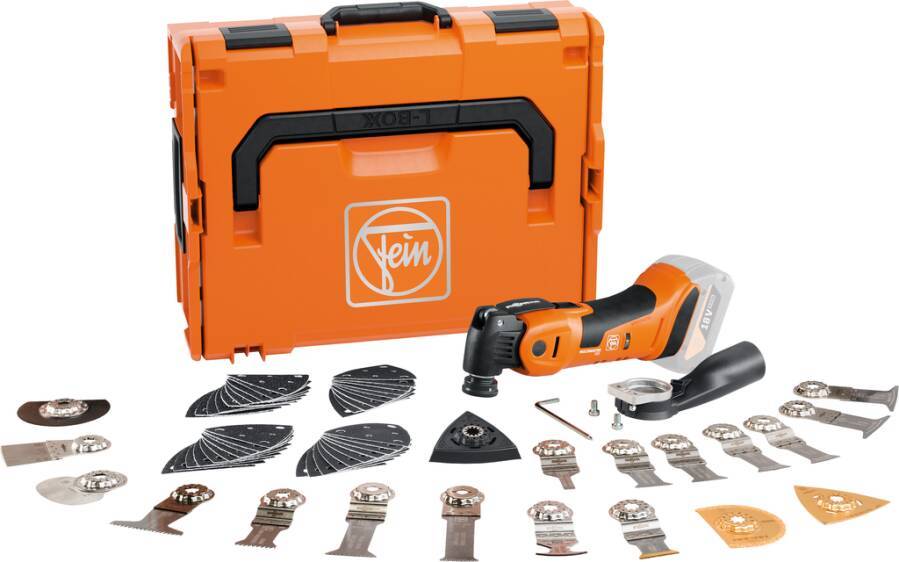 Orange Fein Werkzeugkoffer mit einem kabellosen Oszillations-Multitool, Schleifpads, Klingen und Zubehörbefestigungen, die auf einem weißen Hintergrund angeordnet sind.