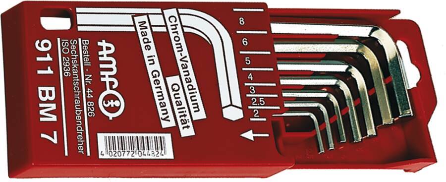 Sechskant-Winkelschraubendrehersatz, Schlüsselbox 44826 Größe 2 - 8 mm Schenkellänge 52 - 108 mm Inhalt 7 tlg. 2 x 52 /
