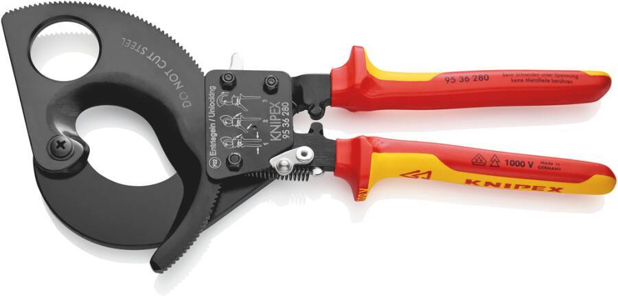 VDE-Kabelschneider, Ratschenprinzip patentiert 95 36 280 Länge 280 mm Schneidwerte Mehrleiterkabel 52mm / 380mm²