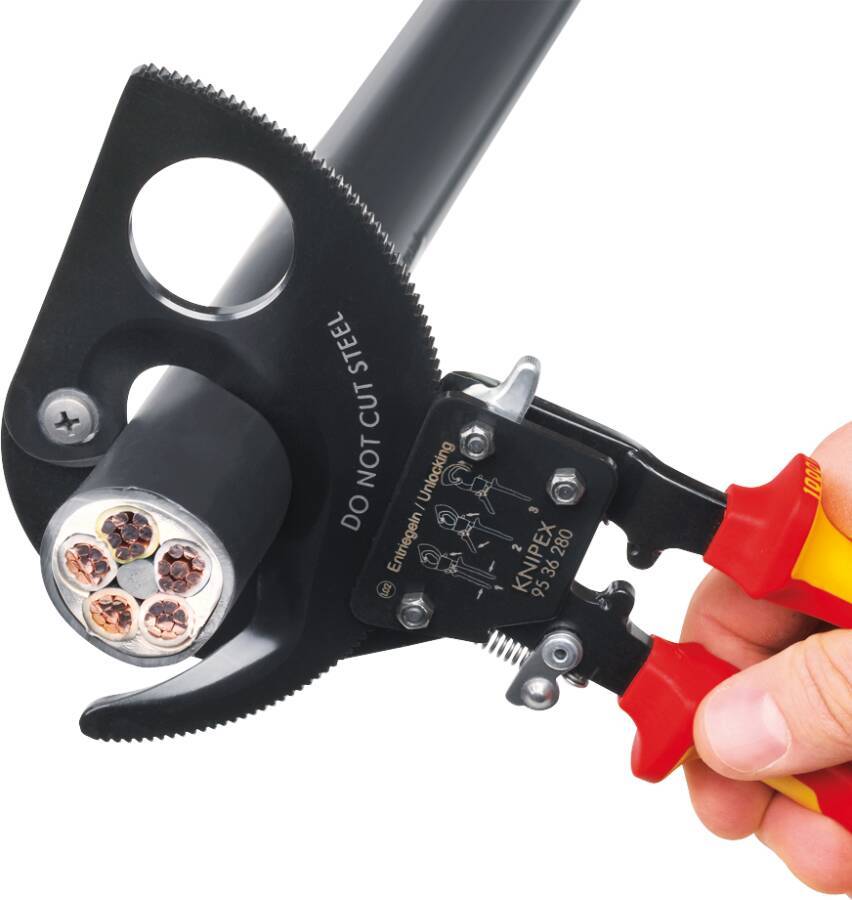VDE-Kabelschneider, Ratschenprinzip patentiert 95 36 280 Länge 280 mm Schneidwerte Mehrleiterkabel 52mm / 380mm²