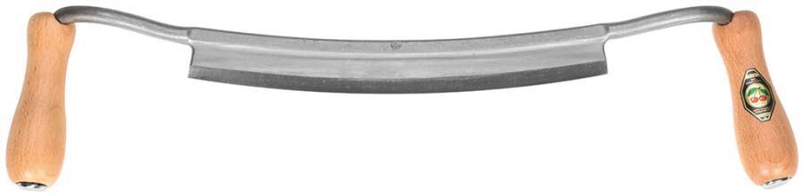 Ein gebogenes zweihandiges Zugmesser mit hölzernen Griffen an beiden Enden, das zum Hobeln von Holz verwendet wird.