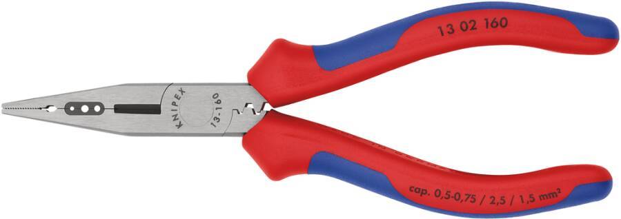 Nahaufnahme einer Spitzzange mit rot-blauem Griff, von der Seite auf weißem Hintergrund abgebildet.