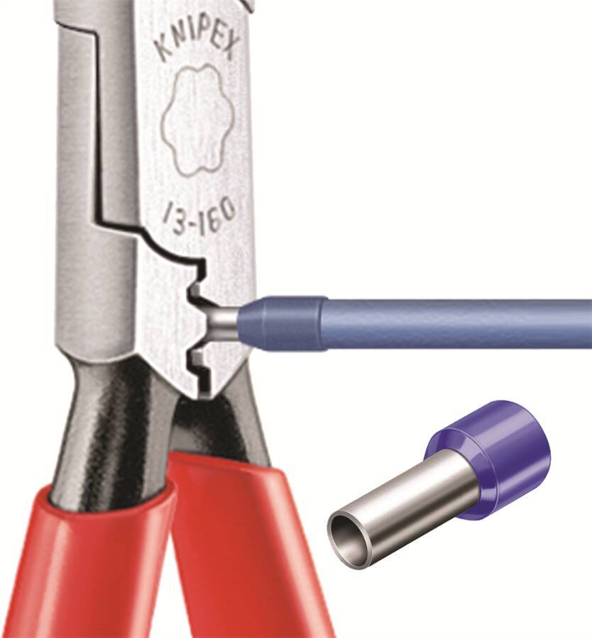 KNIPEX-Crimpzange quetscht eine Drauthülse auf ein blaues Kabel, wobei die Hülse separat unten rechts dargestellt ist.