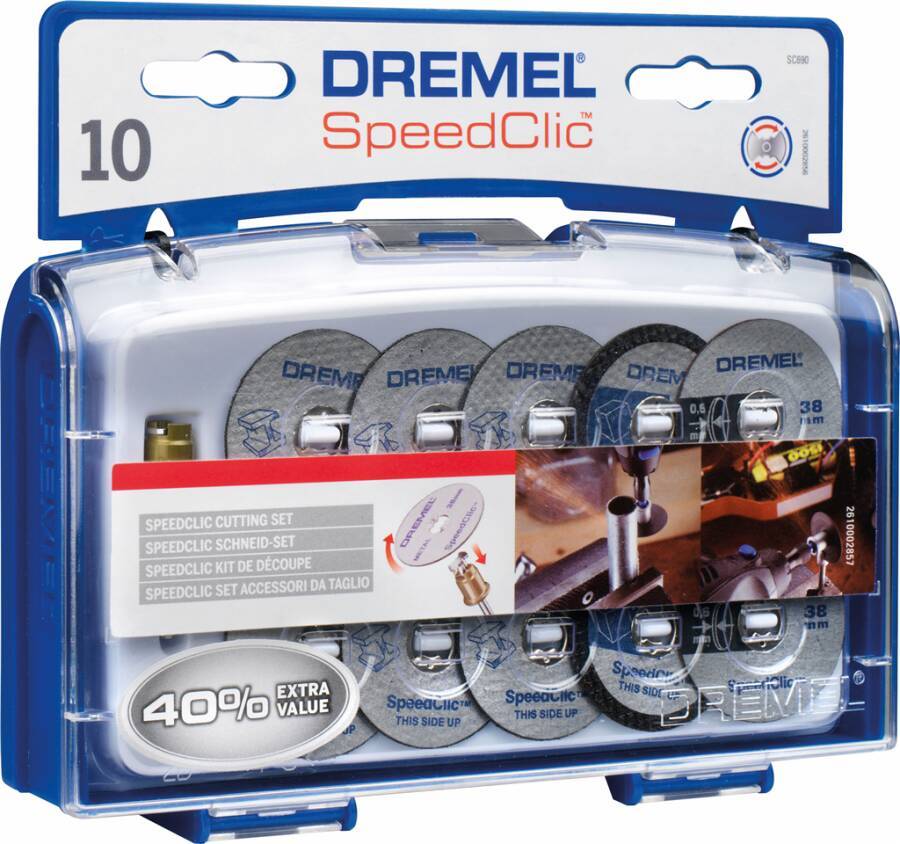Dremel SpeedClic 10-teiliges Schneideset in einem durchsichtigen blauen Kunststoffgehäuse mit mehreren Schneidscheiben und einem „40 % zusätzlicher Wert