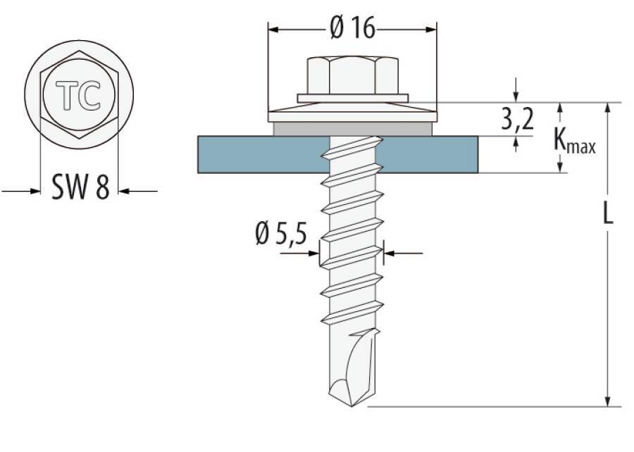 Sechskant-Bohrschraube E / Edelstahl A2 (1.4301) 0280515 SW 8 mm Ø 5,5 mm Länge 38 mm Dichtscheiben-Ø 16 mm Bohrleistung