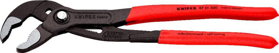 Rot-schwarze KNIPEX-Kabelschneidzange mit langen Griffen und gezahnten Backen, gezeigt auf weißem Hintergrund.