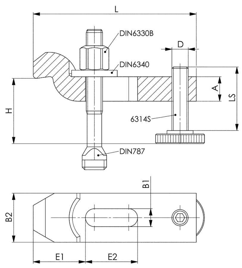 Spanneisen gekröpft mit verstellbarer Stützschraube 71316 a 18 mm h 36 - 69 mm b1 x l 18 x 160 Nutenschrauben M 16 x 18