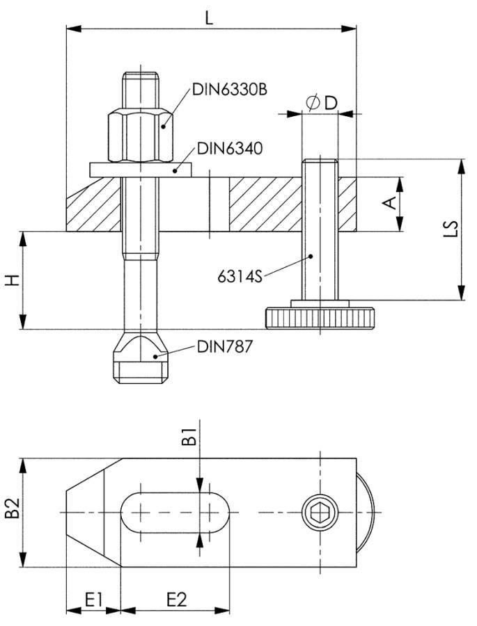 Spanneisen abgeschrägt mit verstellbarer Stützschraube 70318 a 22 mm h 16 - 65 mm b1 x l 22 x 160 Nutenschrauben M 20 x