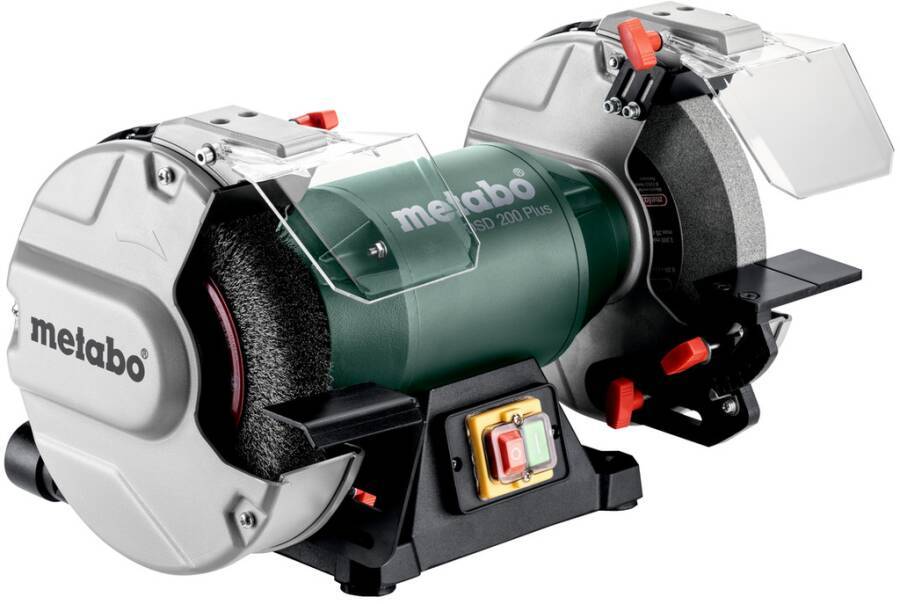 Ein Metabo Tischschleifer mit zwei Schleifscheiben, Schutzvorrichtungen und einem zentralen Stromschalter auf weißem Hintergrund.