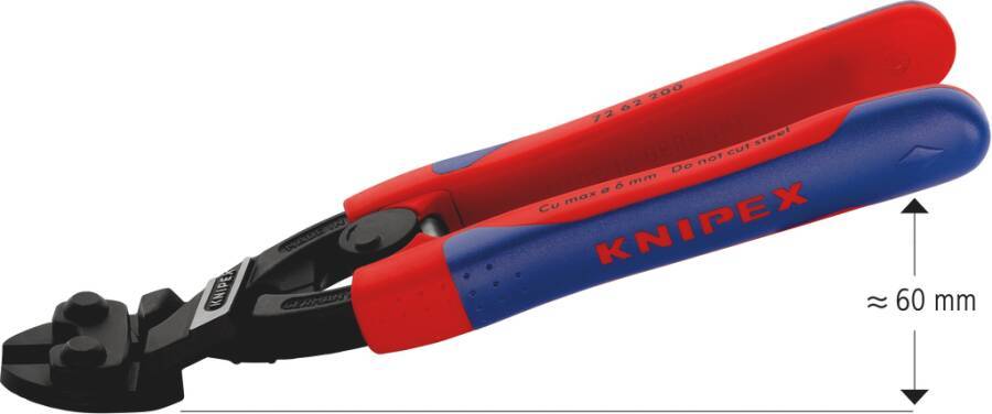 Ein rotes und blaues KNIPEX-Schneidwerkzeug wird in Seitenansicht gezeigt, mit einem schwarzen Schneidekopf und einem Pfeil, der anzeigt, dass seine Höhe etwa 60 mm beträgt.