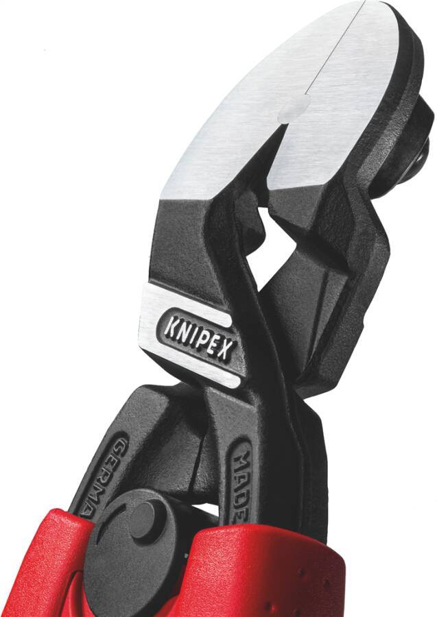 Nahaufnahme einer Knipex-Seitenschneider mit schwarz-roten Griffen auf weißem Hintergrund.