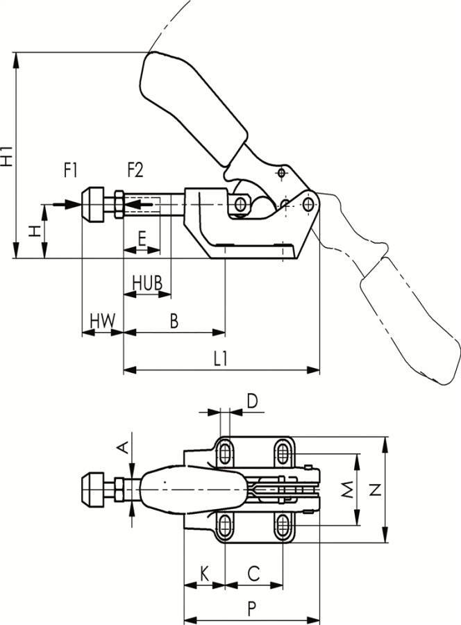 Schubstangenspanner schwere Ausführung 94250 Größe 5 Haltekraft (F1) 10,0 kN Haltekraft (F2) 10,0 kN Höhe 137,5 mm Länge