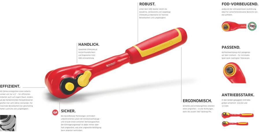 VDE-Umschaltknarre Zyklop 3/8 feinverzahnt 05004966001 Antrieb 3/8`` Länge 222 mm Ausführung 80 Zähne Gewicht 352 g