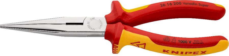 Ein Paar Knipex-Langzange mit rot-gelben isolierten Griffen, gezeigt vor weißem Hintergrund.