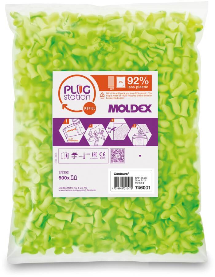 Behälter mit grünen wiederverwendbaren Ohrstöpseln mit sichtbarem Moldex-Verpackungsetikett mit „PLUG station